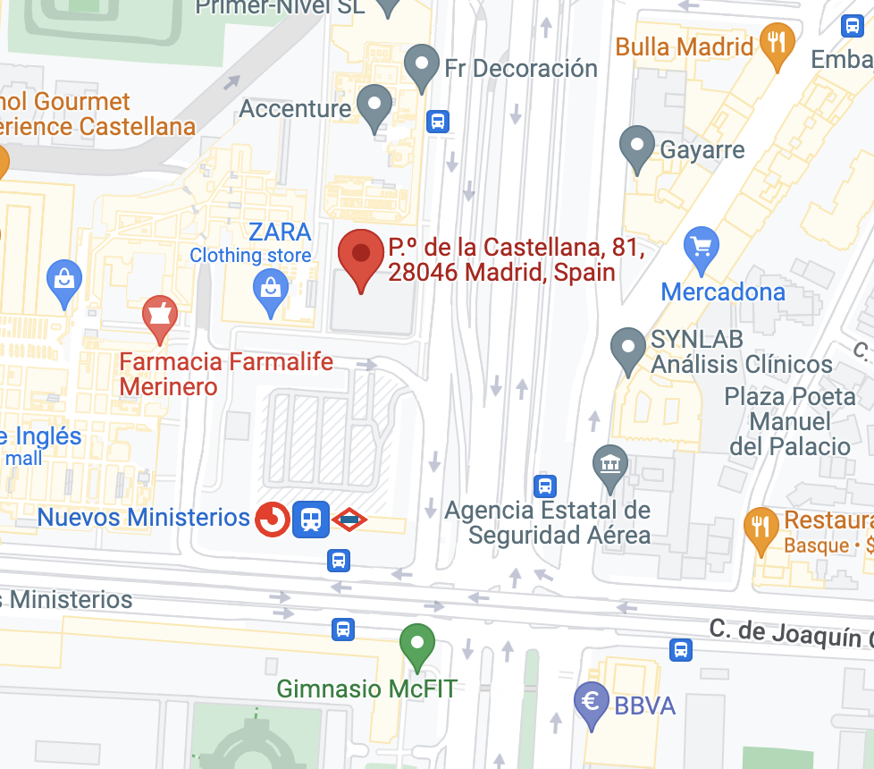 Map of Madrid with Place de la Castellana 81 pinned